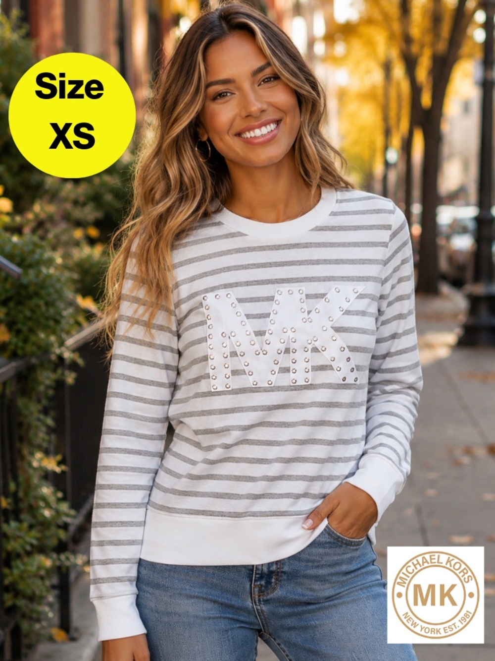 MICHAEL KORS ⭐️ Striped Gray and White Logo Sweatshirt (Women's X-Small)